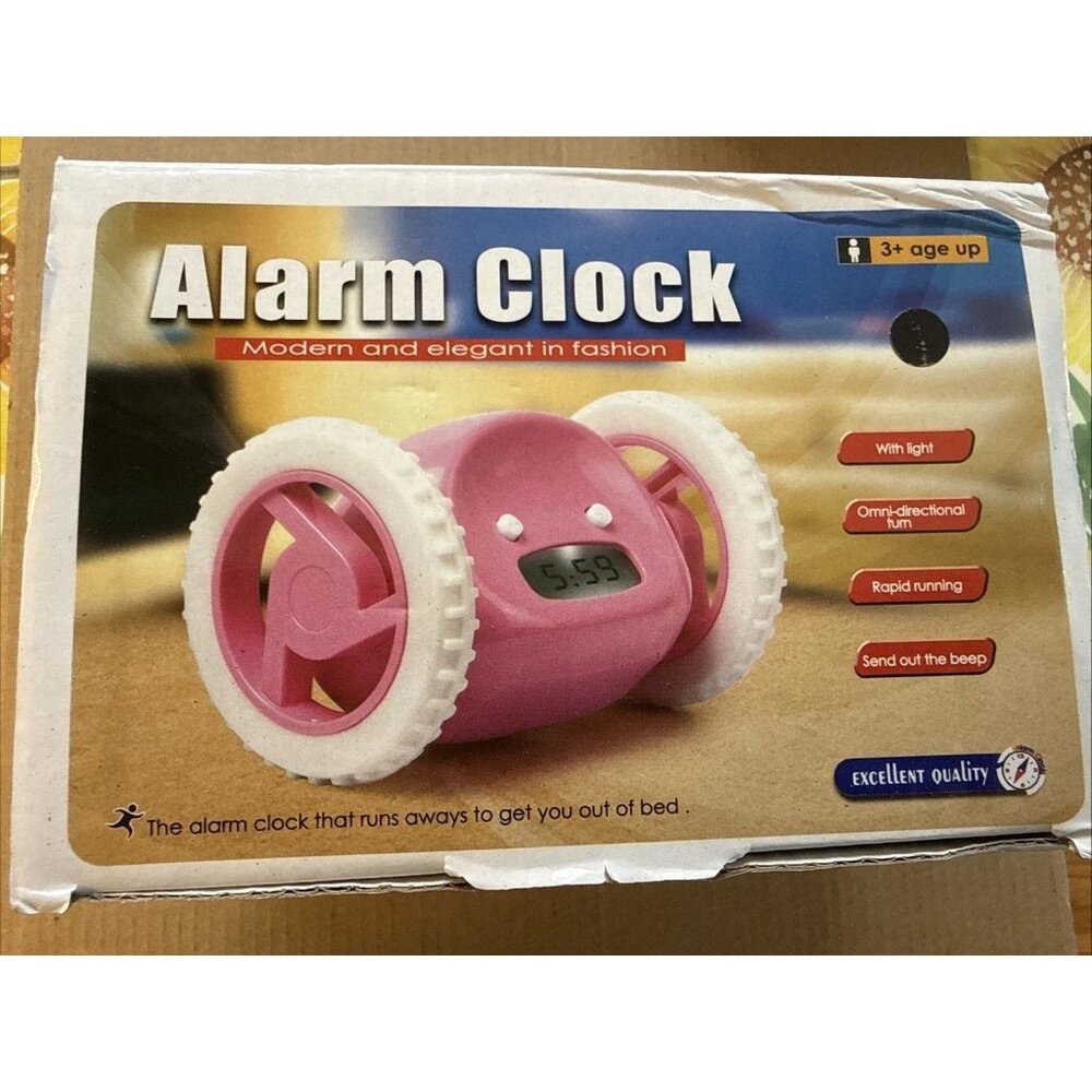 Alarm Clock on Wheels Black Runaway Lights Sounds Snooze - Picture 5 of 10